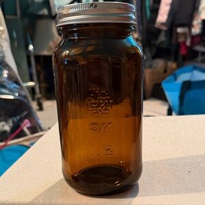 Vintage Mason Amber Glass Jar with Silver Metal Lid